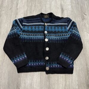 Vtg Norvyk Sz L Nordic Fair Isle Blue Cardigan wool  Sweater Button Front Winter
